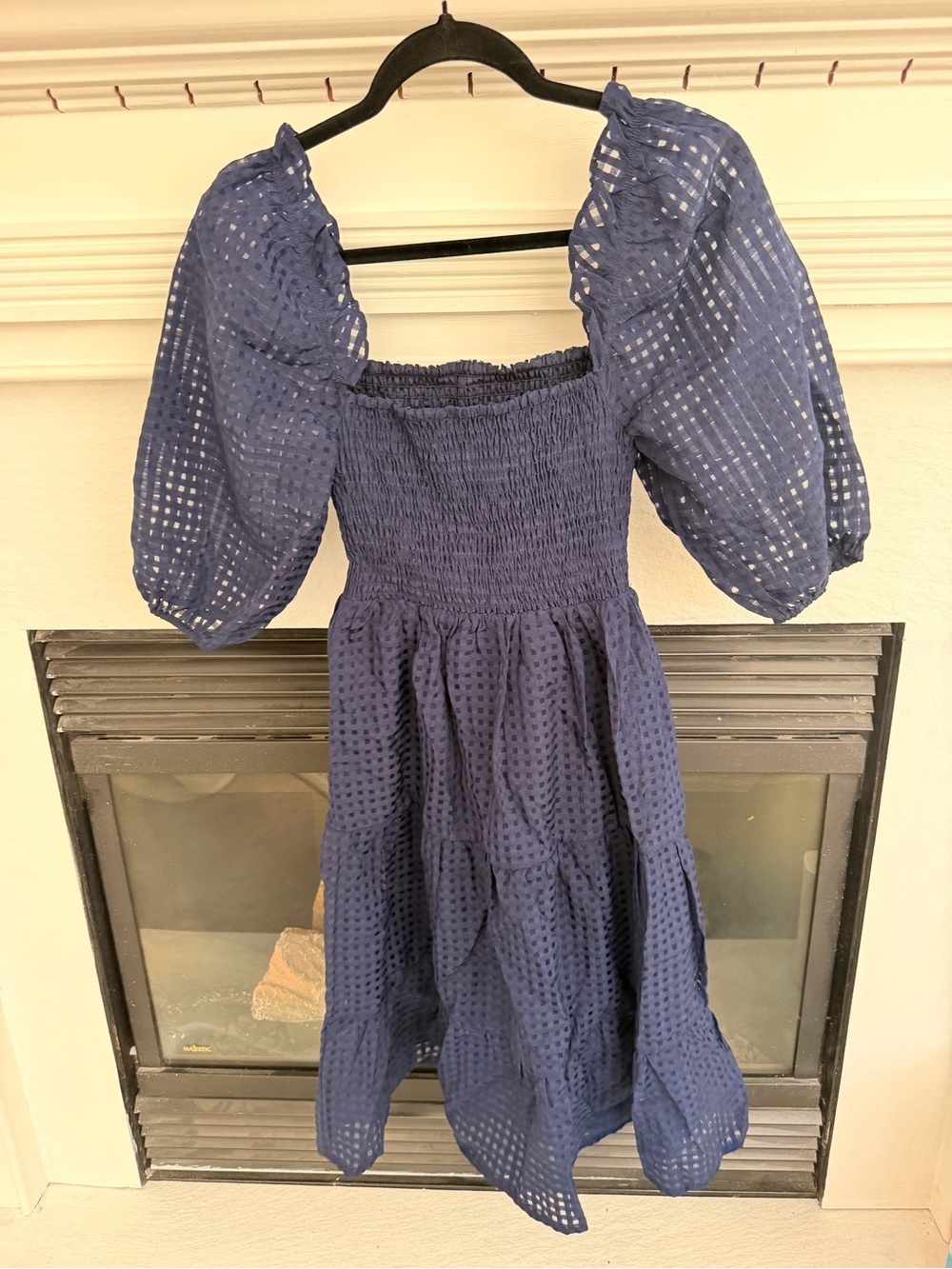 Forever 21 Navy Blue Puff-Sleeve Smocked Midi Dress - Picture 2 of 4